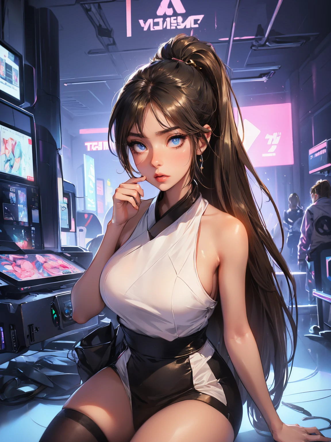 long dark hair / big tits / brown eye / neon lights / gamer sexy outfit