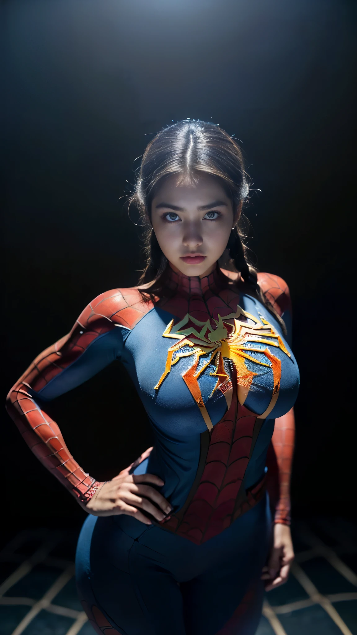 Beautiful woman detailed defined body using spider man cosplay, small breasts