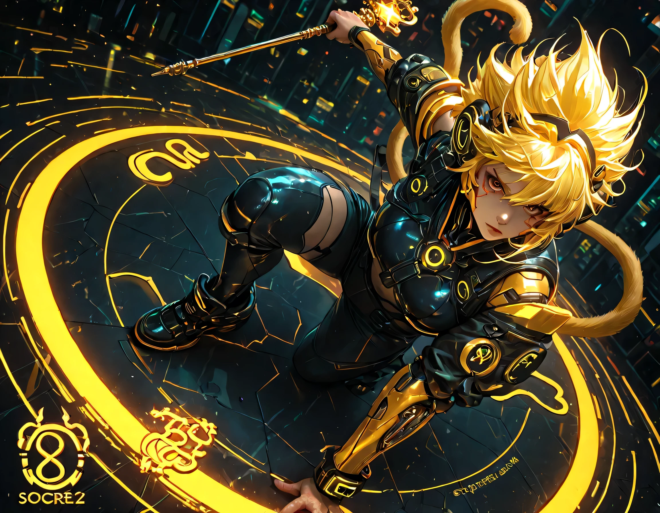 1girl(Beautiful girl),Long Golden wand, depicts a cyber-themed monkey king, (Golden wand:1.4), (cyberpunk theme:1.5), futuristic, digital art , detail rumit, surreal, by Yoji Shinkawa, H.r. Giger, trending di ArtStation, detailed artwork, dynamic angle, dynamic pose, dynamic fighting pose,(Monkey Zodiac Description:1.5), masterpiece,score_9,score_8,score_7,score_6_up, source_Japanese Anime Style,
