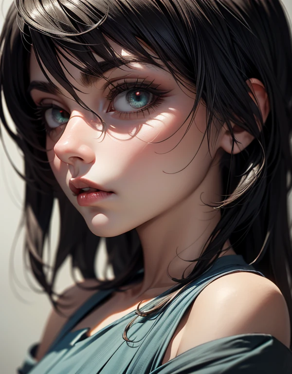 melhor qualidade, obra de arte, ultra high resolution, (realismo: 1.4), Foto original, 1 garota, Olhos de pedra preciosa esmeralda, olhos brilhantes, ombro nu, No escuro, sombra profunda, Sutil, luz fria --auto