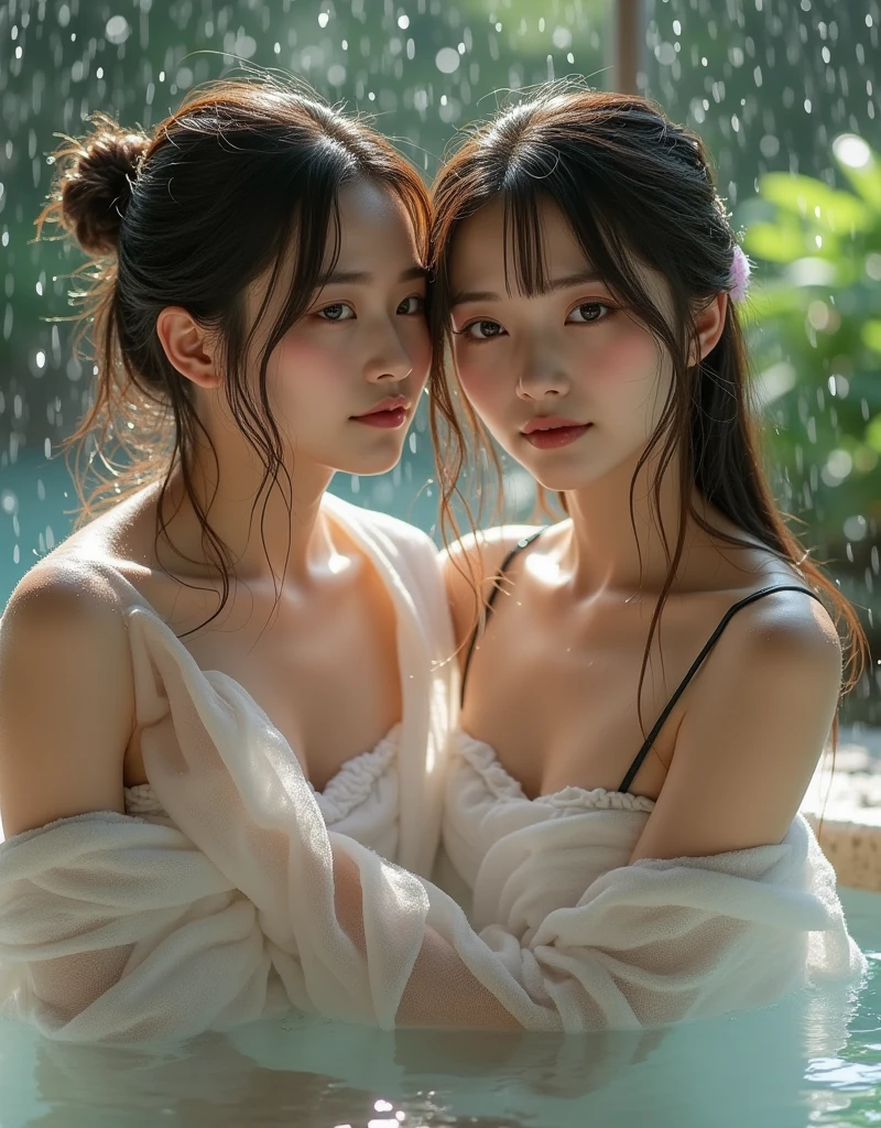 (two beautiful women:1.3), yuri, kissing, light hair, athletic bodies, (small breast:1.5), in a greek garden, beautiful, detailed faces, rain, wet transparent tank top, (wet skin:1.2), (smile:0.4), aroused, breasts rubbing, chest against chest, hdr, great details, very detailed face, cute face, beautiful girl, love, tight hug, soaked