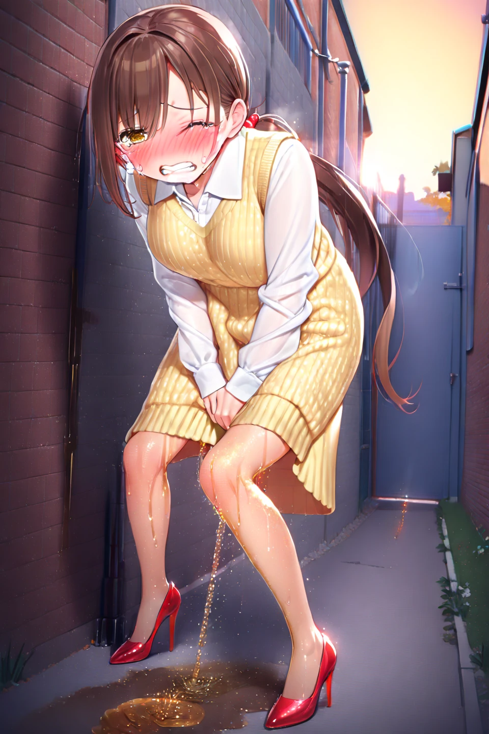 One ,Wear a red hoodie,Wear a red polka dot mini skirt,Black Hair,Red sneakers,Stand backwards,Concrete walls and floors,Outdoor,Stand with your feet apart,Grab the hem of your skirt,To pee,Spilling water from the crotch,There is a concrete groove at my feet,The girl is Korean.、Peeing,Peeing while standing