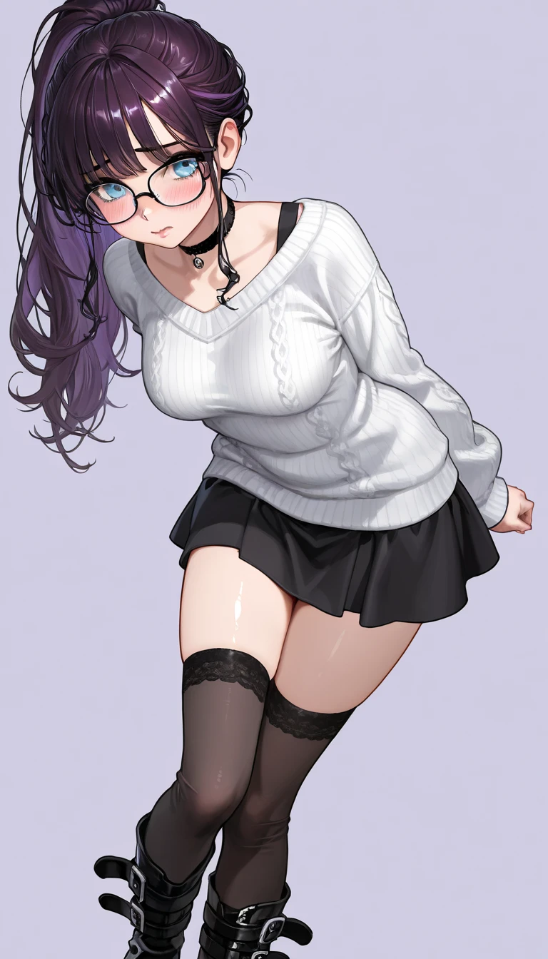 best quality, 32k, RAW photo, incredibly absurdres, extremely detailed, delicate texture, cute woman, (high kick pose), glasses, two side up messy wavy hair, wearing fluffy long-pile knit sweater, fluffy skirt, amorous and lewd expression, superlative body proportion, black pantyhose, black engineer boots, background iridescent pastel color