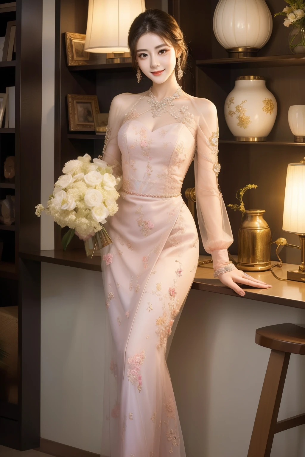 Master piace, high detail, full HD, beautiful, woman, 30 years, vibrant, colorful dress, positivity, grace, flowing, figure, lively, cheerful, fashion, make-up