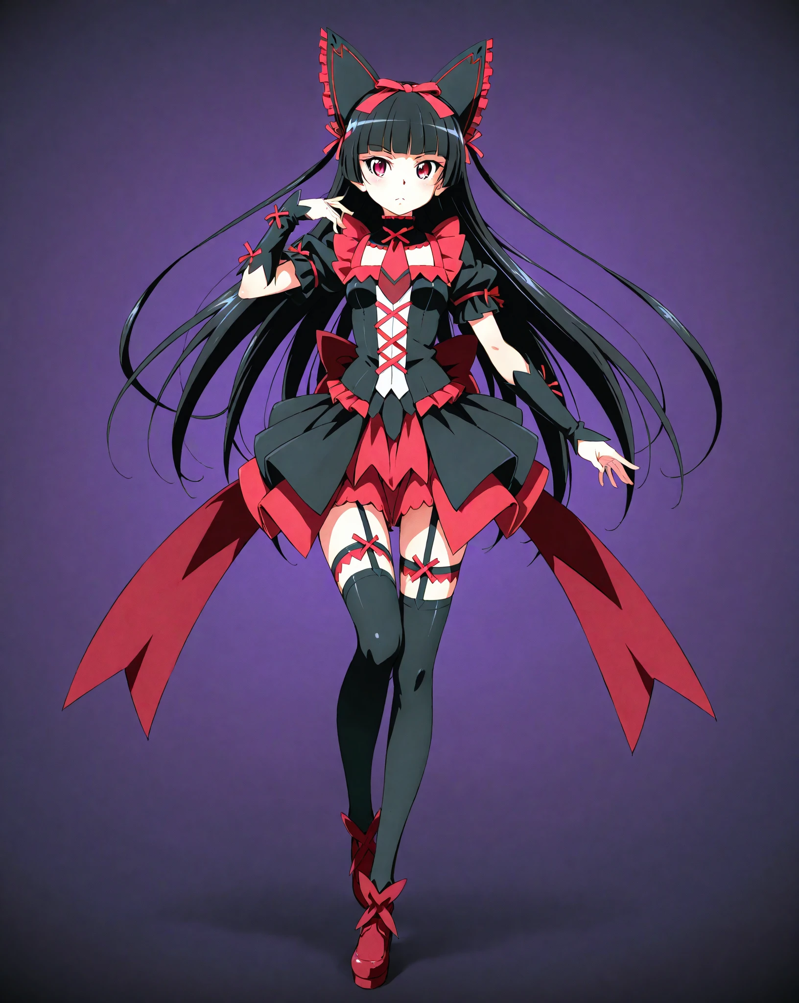 cure devil(magical girl, big breast, feather motif hair accessory, black long hair, red eyes, black long dress, black short boots, black opera gloves)