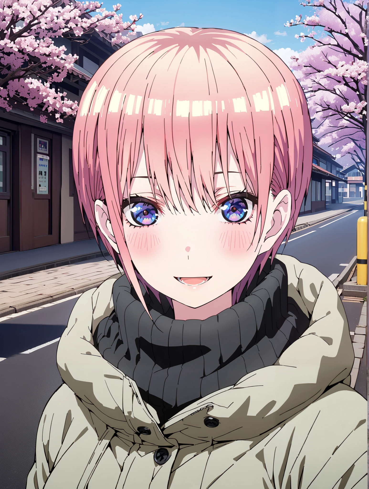 Nakano Ichika, short hair, bungs, blue eyes, Alone,Between the eyebrows, pink hair near MM, smile,blush,open your mouth, down coat,The front is empty,oversized turtleneck sweater,denim micro shorts,Black Pantyhose,Short Boots,walking,cherry blossoms,School building,full bodyがイラストに入るように,break outdoors, Around town,
break looking at viewer,full body,
break (masterpiece:1.2),top quality , kampala, Unity 8K Wallpaper ,(shape:0.8),( fine, beautiful eyes :1.6),It's a person ,full body写真,CG Details , (perfect hands with full nudity,complete anatomy),