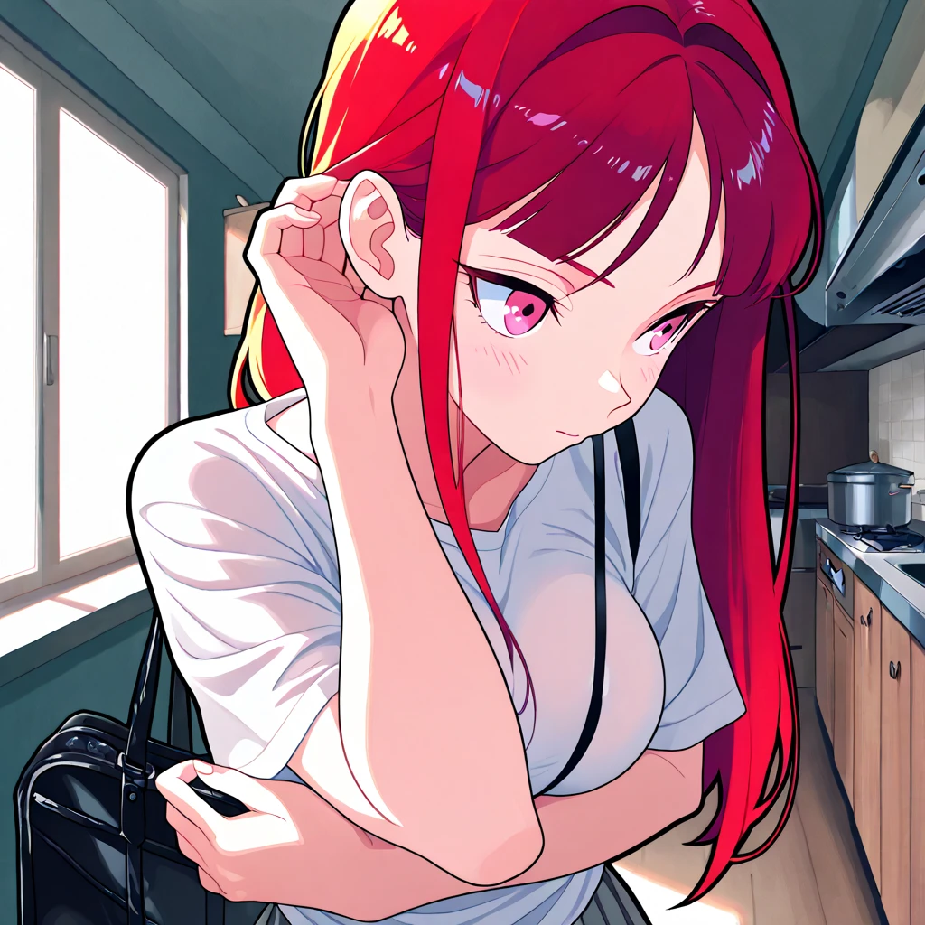 livingroom, crossed arms, red hair, pink eyes, hallway background, pechos grandes, close, slender, 40 years old, white top skirt, close up, anime style, black outline, handmade, pechos grandes, zoom, Freeze, transparent clothes, pajama challenge, he saw, upper body, full body, white shirt, kitchen, Android_18, bag, ((long_hair)), hands, tucking_hair, bag_strap_ between _boobs