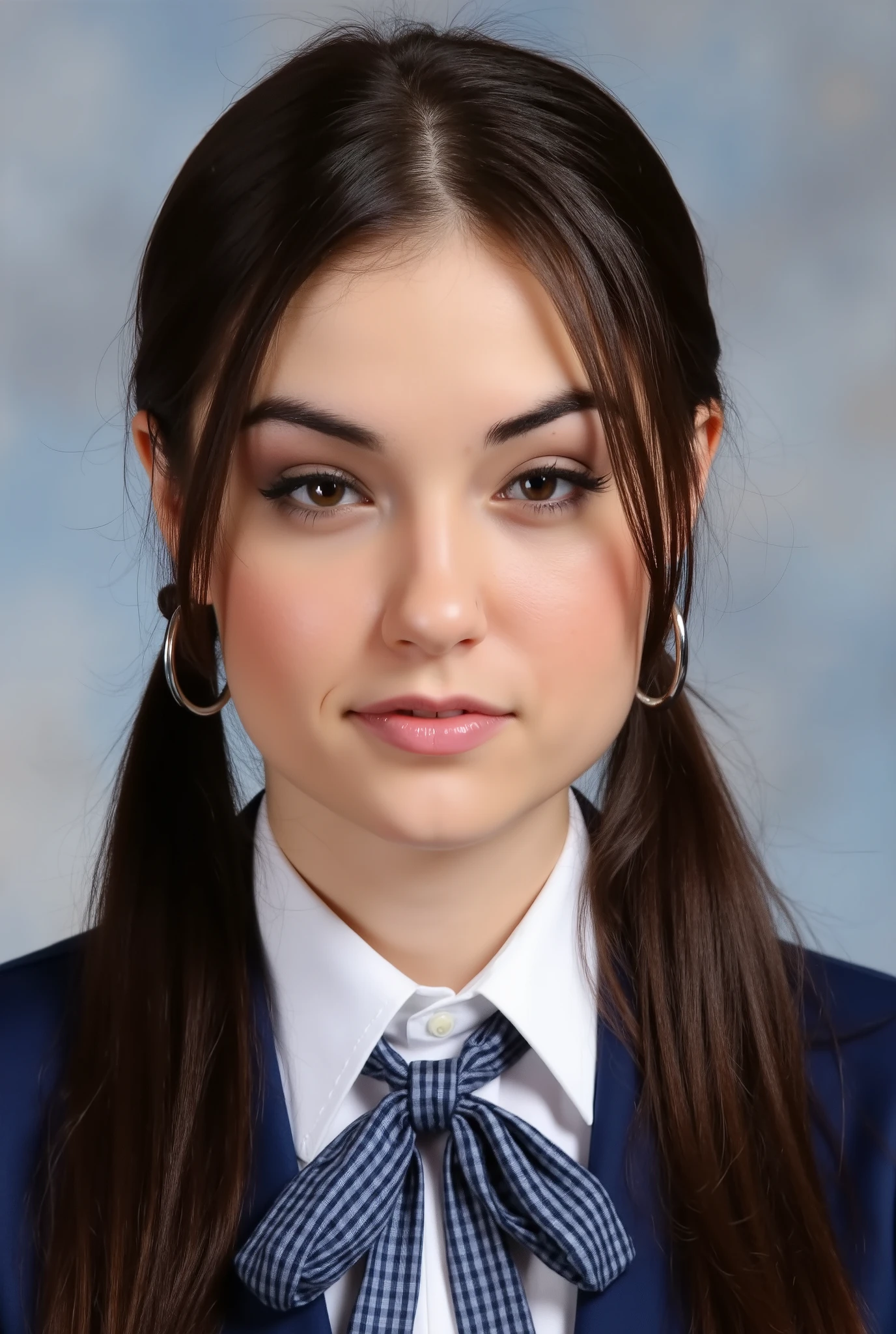 Sasha Grey, Brunette very long twintails, school yearbook, Hot, school uniform, hoop earrings, makeup, Masterpiece, High Resolution, Accurate, High Details, Textured Skin, photography, poster, pose, Realistic.