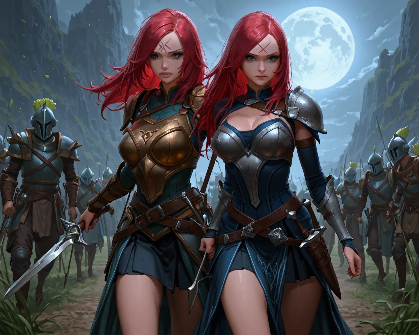 Under the sunset,Female swordsman,chest plate, eyes with brightness, red tinted hair, Anatomically correct, Perfect proportions, Extremely detailed face,(Photorealistic,Masterpiece,Best quality,hyper HD,Extremely detailed, Cinematic lighting)