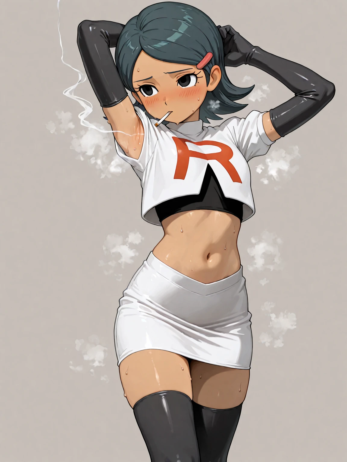 absurdres,venti,1boy, male focus, trap,black hair, green-blue hair, hair braid,hair flower,aqua green eyes,crossdressing,1boy,team rocket,team rocket uniform,white skirt,red letter R,crop top,black thigh-highs,black elbow gloves, cowboy shot,laughing,happy, blush