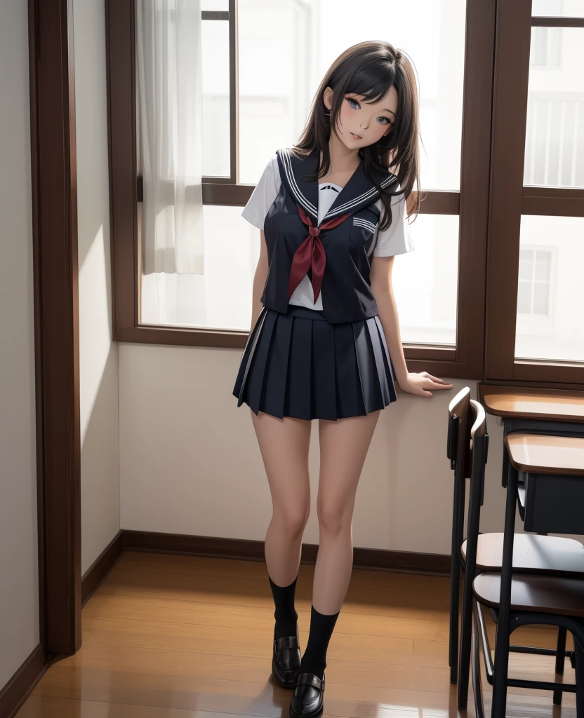 ((9year old girl:1.5)), 1 girl, , petite girl, complete anatomy, whole body, children's body, child, super cute, girl, little girl, beautiful girl, beautiful shining body, bangs,brown hair,high eyes,(aquamarine eyess), drooping eyes, petite,tall eyes, beautiful girl with fine details, Beautiful and delicate eyes, detailed face, Beautiful eyes, beautiful shining body, bouncy hair,
school uniform, thighhighs, serafuku, skirt, black serafuku, socks, classroom,akebisailor,blurry background,serafuku,
natural light,((realism: 1.2)), dynamic far view shot,cinematic lighting, perfect composition, by sumic.mic, ultra detailed, official art, masterpiece, (best quality:1.3), reflections, extremely detailed cg unity 8k wallpaper, detailed background, masterpiece, best quality, (masterpiece), (best quality:1.4), (ultra highres:1.2), (hyperrealistic:1.4), (photorealistic:1.2), best quality, high quality, highres, detail enhancement,