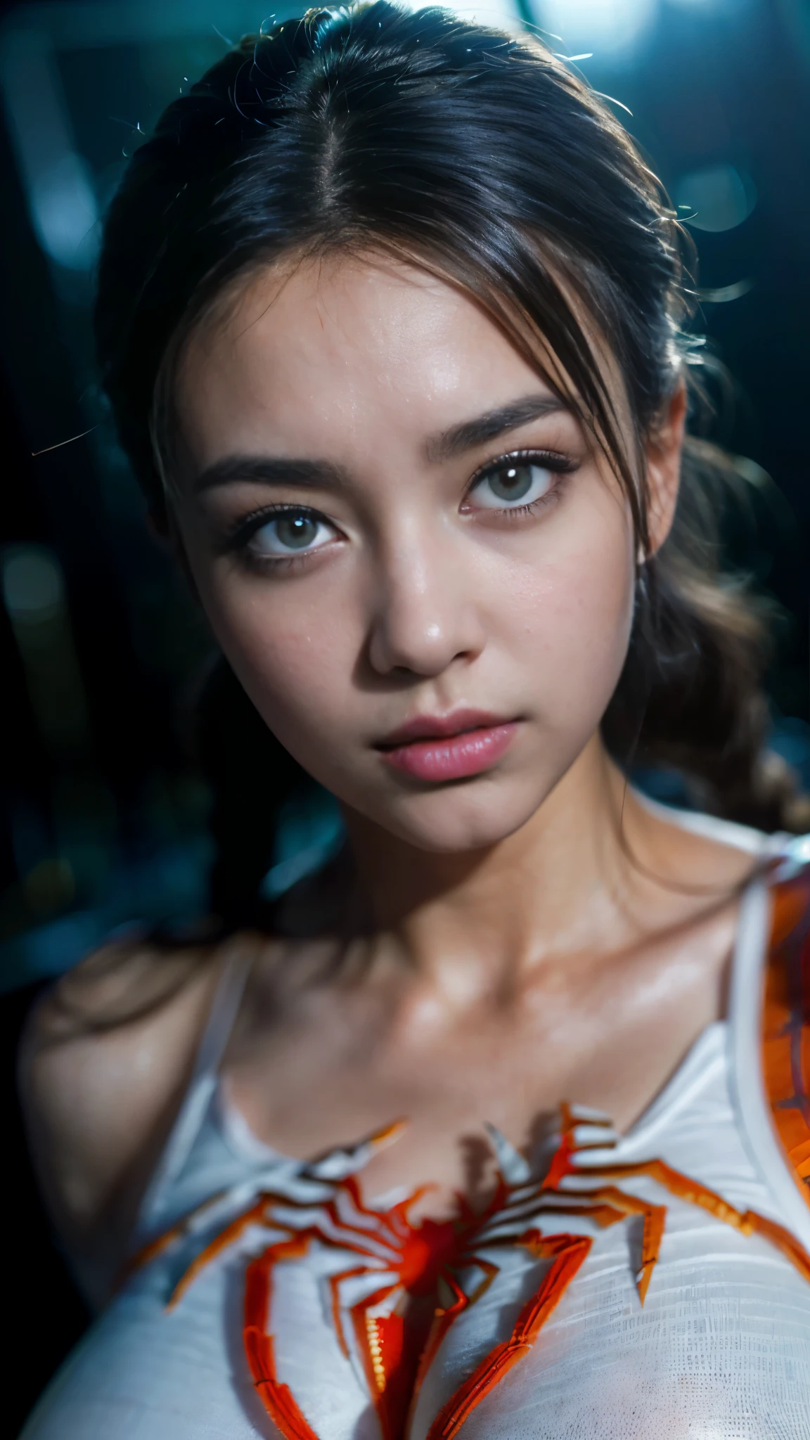 top-quality close-up portrait, ((Beautiful korean girl, wearing spiderman white costume, microfiber material):1.5), bewitching face, ((spiderman likeness):1.4), ((beautiful detailed eyes, round big eyes, beautiful detailed lips, sharp nose, extremely detailed face, round face shape, brunette hair, braids hair style):1.3), ((Elegant looks:1.3)), mesmerizing expression, allure gaze, ((slim body, firm body posture, natural breast, soft and smooth skin, natural skin tone):1.4), ((attractive girls, sexy pose):1.42),Detailed smooth photorealistic, stares at the camera, ((artistic background, foggy atmosphere):1.3), ((soft colors, cinematic lighting photon mapping, high contrast, intricate details, perfect composition, artistic photograph, 8k, HDR, smooth photorealistic, masterpiece):1.3), ((wide angle, seen from forward):1.2))