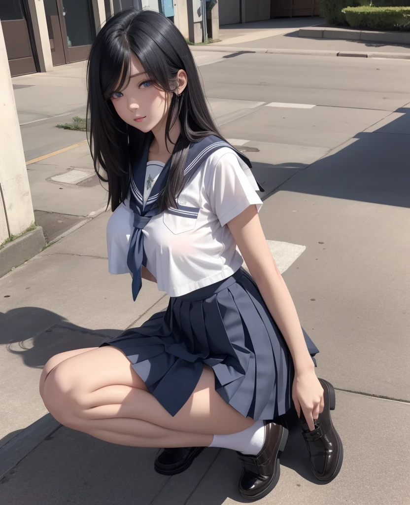 Photo Real、photoRealstic A dark-haired、straight haired、poneyTail、Blunt bangs drooing eyes、Black eyes、Plump cheeks、The contours of the face are round sixteen years old、hi-school girl、Suppin、a sailor suit、Drenched in sweat large full breasts、Short stature、vaginal、Female genitals、cunt、clit、Semen Squat boldly、opening legs、Normal bit、insertion、Vaginal insertion、SEX、ssex、play sex、Sperm、large amount of sperm、Sperm drenched、Intense Sex、Vigorously inserted、cum shots Background with、countryside、Old bus stop、jpn