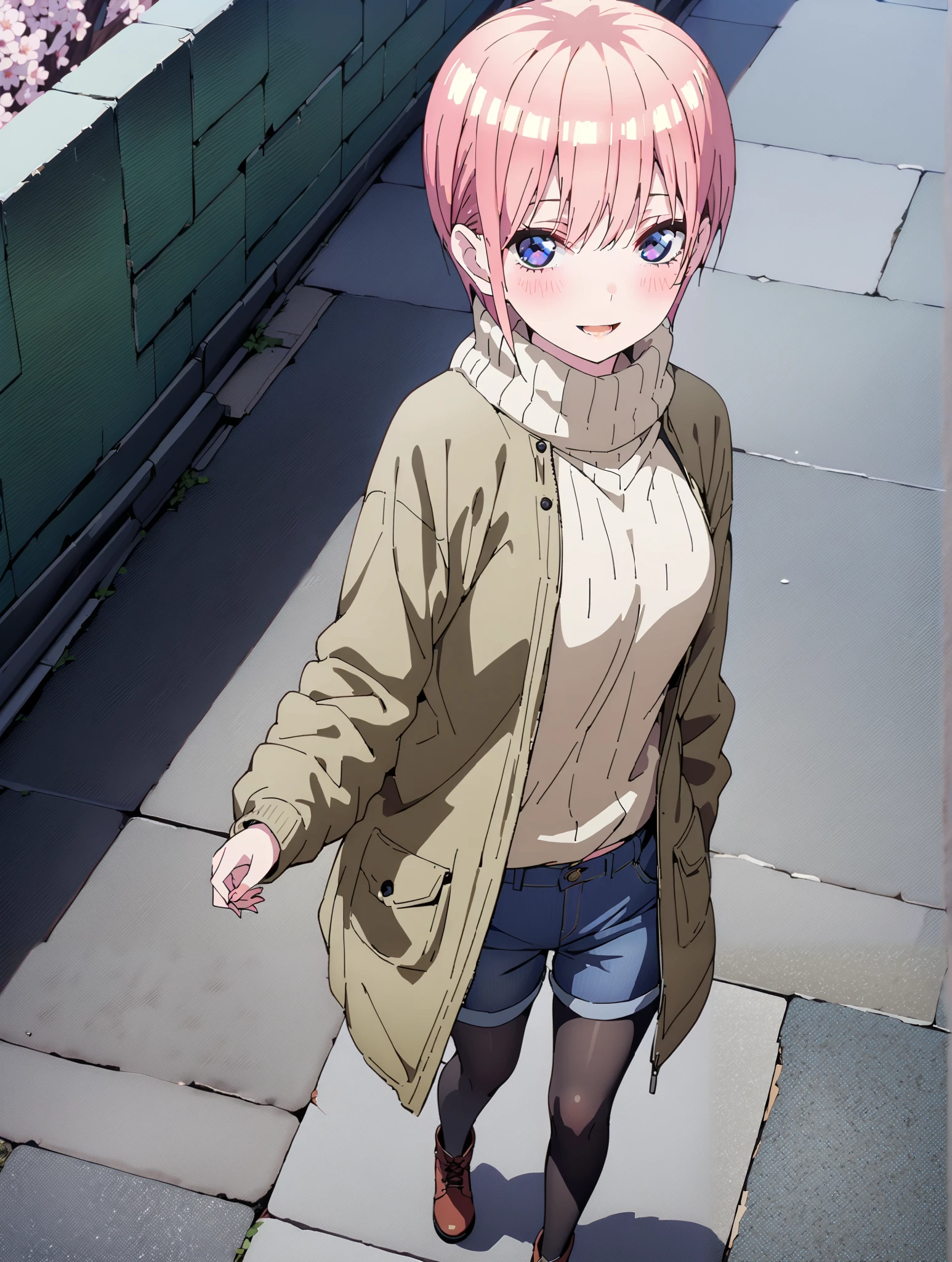 Nakano Ichika, short hair, bungs, blue eyes, Alone,Between the eyebrows, pink hair near MM, smile,blush,open your mouth, down coat,The front is empty,oversized turtleneck sweater,denim micro shorts,Black Pantyhose,Short Boots,walking,cherry blossoms,School building,full bodyがイラストに入るように,break outdoors, Around town,
break looking at viewer,full body,
break (masterpiece:1.2),top quality , kampala, Unity 8K Wallpaper ,(shape:0.8),( fine, beautiful eyes :1.6),It's a person ,full body写真,CG Details , (perfect hands with full nudity,complete anatomy),