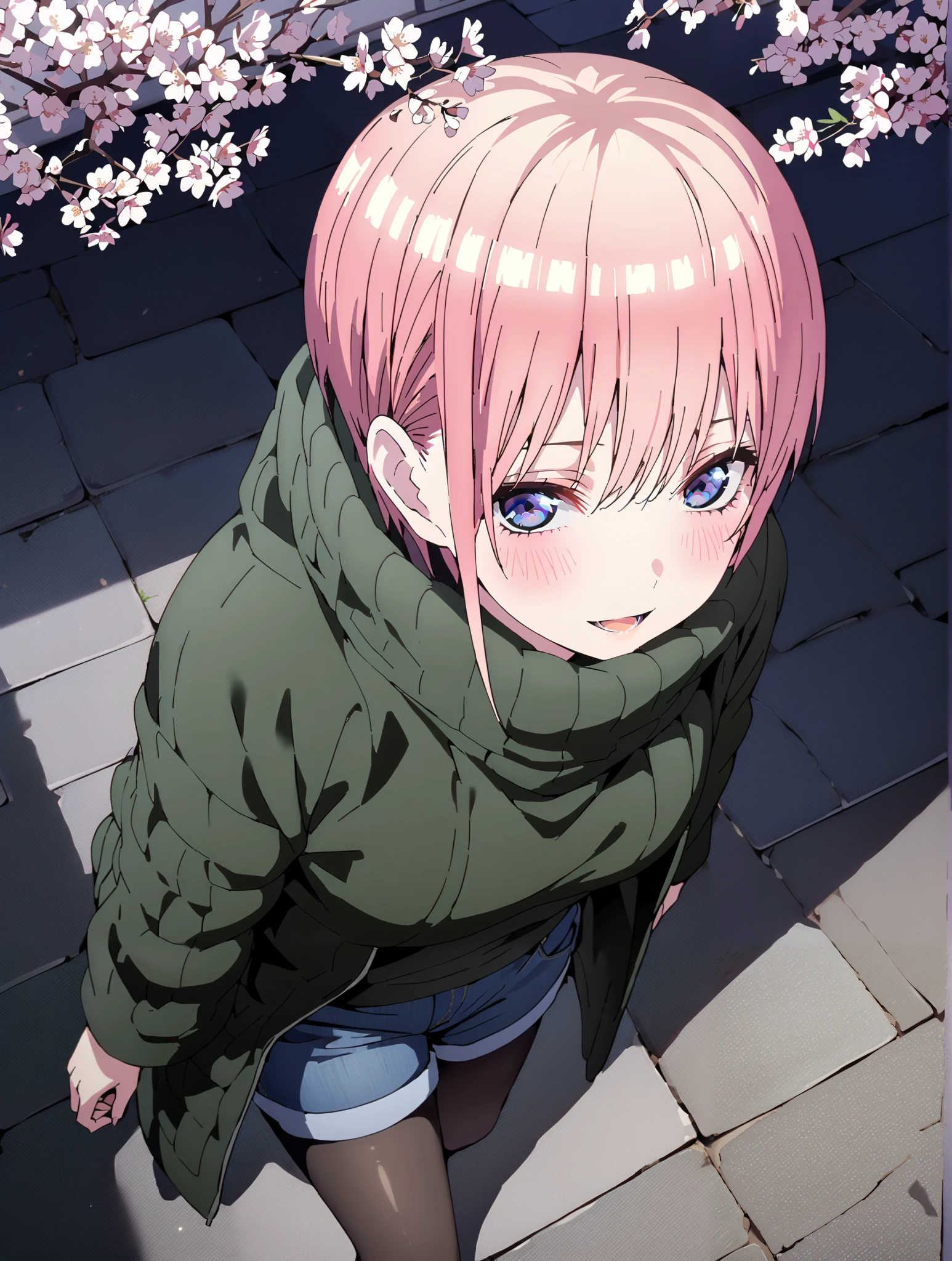 Nakano Ichika, short hair, bungs, blue eyes, Alone,Between the eyebrows, pink hair near MM, smile,blush,open your mouth, down coat,The front is empty,oversized turtleneck sweater,denim micro shorts,Black Pantyhose,Short Boots,walking,cherry blossoms,School building,full bodyがイラストに入るように,break outdoors, Around town,
break looking at viewer,full body,
break (masterpiece:1.2),top quality , kampala, Unity 8K Wallpaper ,(shape:0.8),( fine, beautiful eyes :1.6),It's a person ,full body写真,CG Details , (perfect hands with full nudity,complete anatomy),