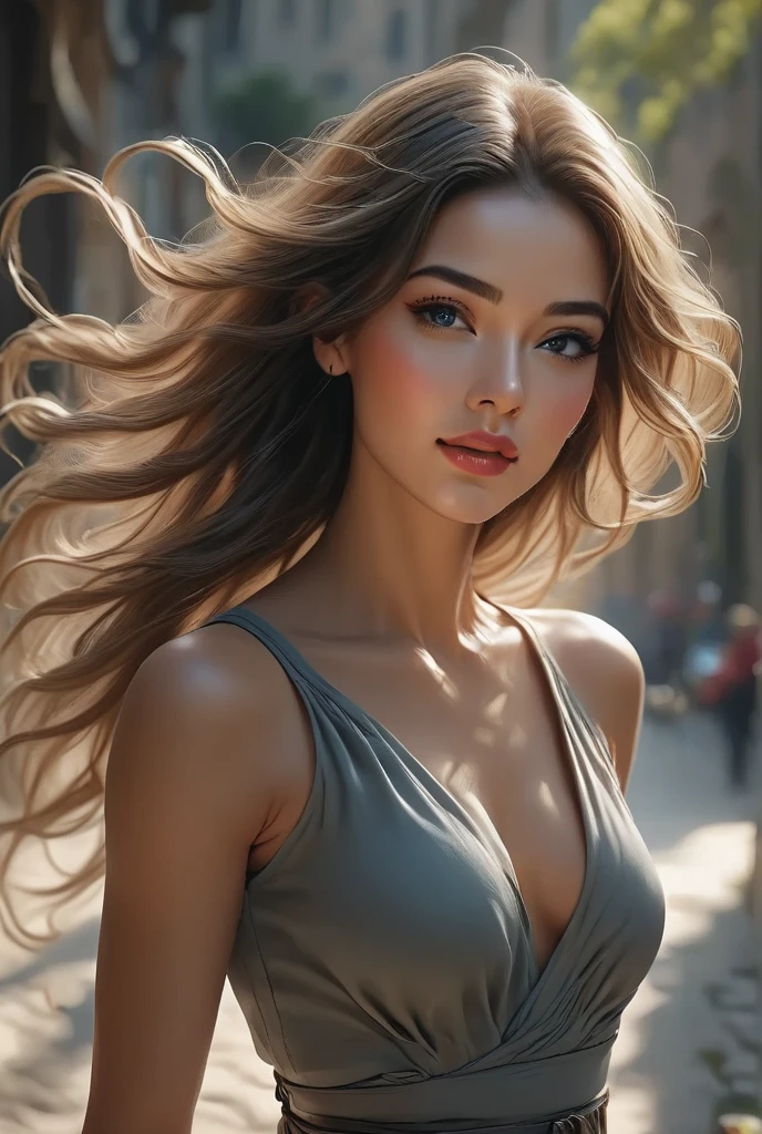A seductive image of a young woman on a busy summer street. A costume that reflects her bewitching and gentle personality. Cool clothing colors and a big sports car in the back add an element of speed and movement. The background is blurred, emphasizing the beauty of the young woman. Wide aperture, standard lens, fast shutter speed