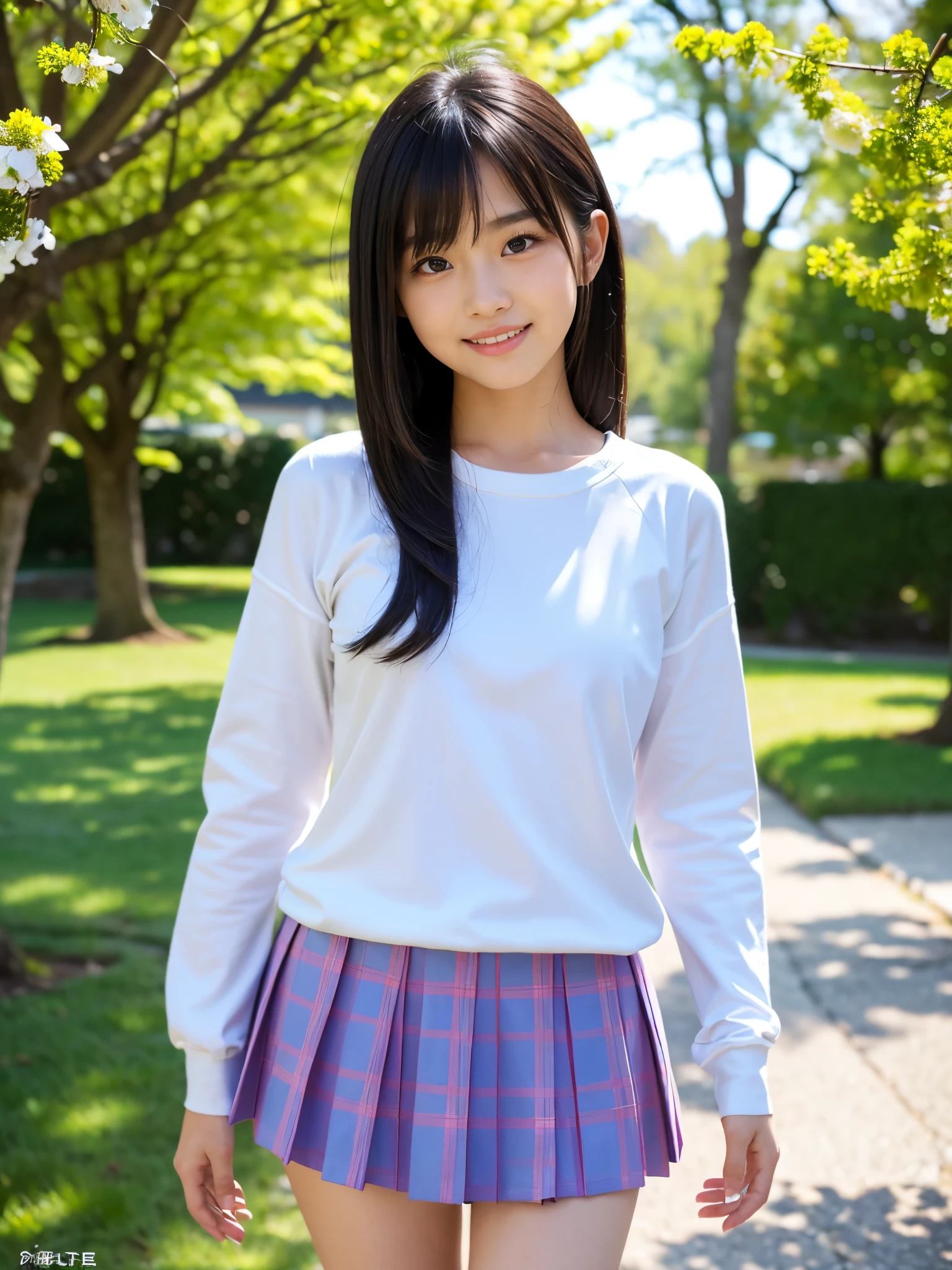 8K,masterpiece,Japanese,12-year-old girl,from the front,smile,cute,Innocent face,Innocent,Kind eyes,Childish,Plain T-shirt,Short sleeve,Blue checked short skirt,semi-long,Hair blowing in the wind,Black Hair,Somewhat strong wind,noon,bright,Sitting、M-shaped feet, (Large Breasts:1.2),(Emphasize the chest:1.2)