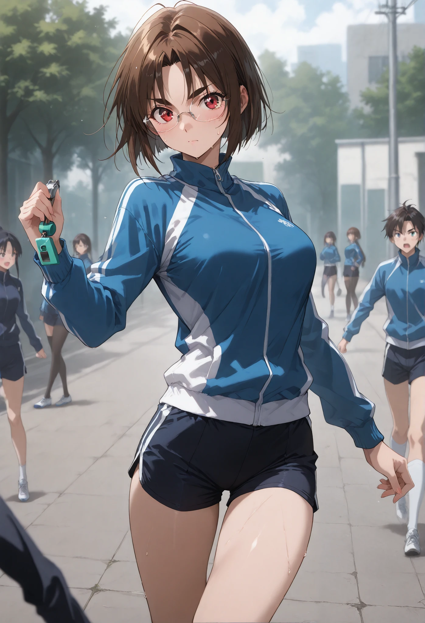 glasses、School teacher、、土のGround、Ground、Lots of male students 、(Thick eyebrows、thick eyebrows)、(long sleeve sportswear 、sports shorts)、、 ( short bob style)、、、 Female Teacher、Outdoors、 I'm doing physical education class、beautiful 、、very small breasts、、masterpiece、best quality, , stockings, , Steamy sweat, , Narrow eyes、 motion line, Speedline , school yard、 blow the whistle