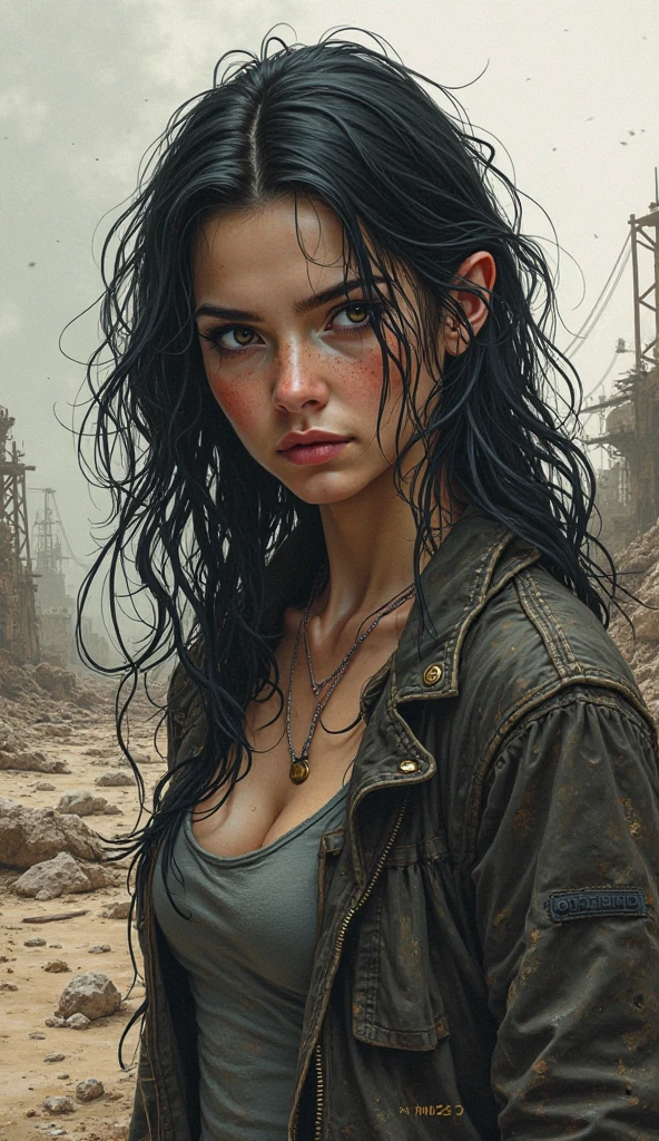 create the image of a young woman with long dark hair and dirty clothes with a dog tag around her neck 