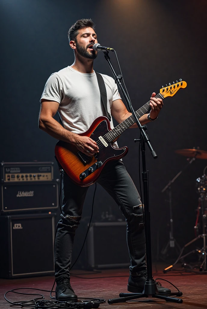 Cold and dangerous man, with Rockstar and punk airs, shirtless with zero definition abs, very similar to sid vicious.playing an electric guitar.