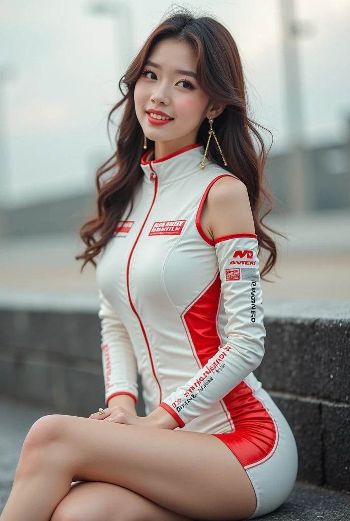 One Girl, 1 person,Highest quality,High resolution,超High resolution,8k,Realistic,Upper Body,encounter_audience,Large Breasts, the body is slim,(Race Queen miniskirt Costume:1.2), circuit,F1 Race,