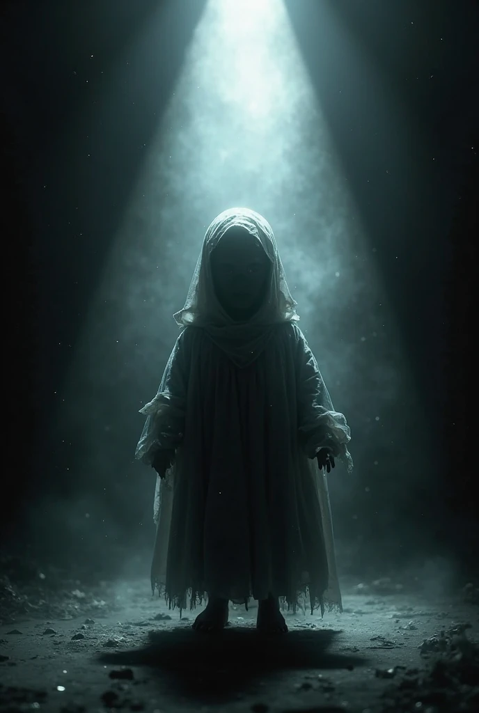 Black-haired boy covers himself with a sheet in a very dark room