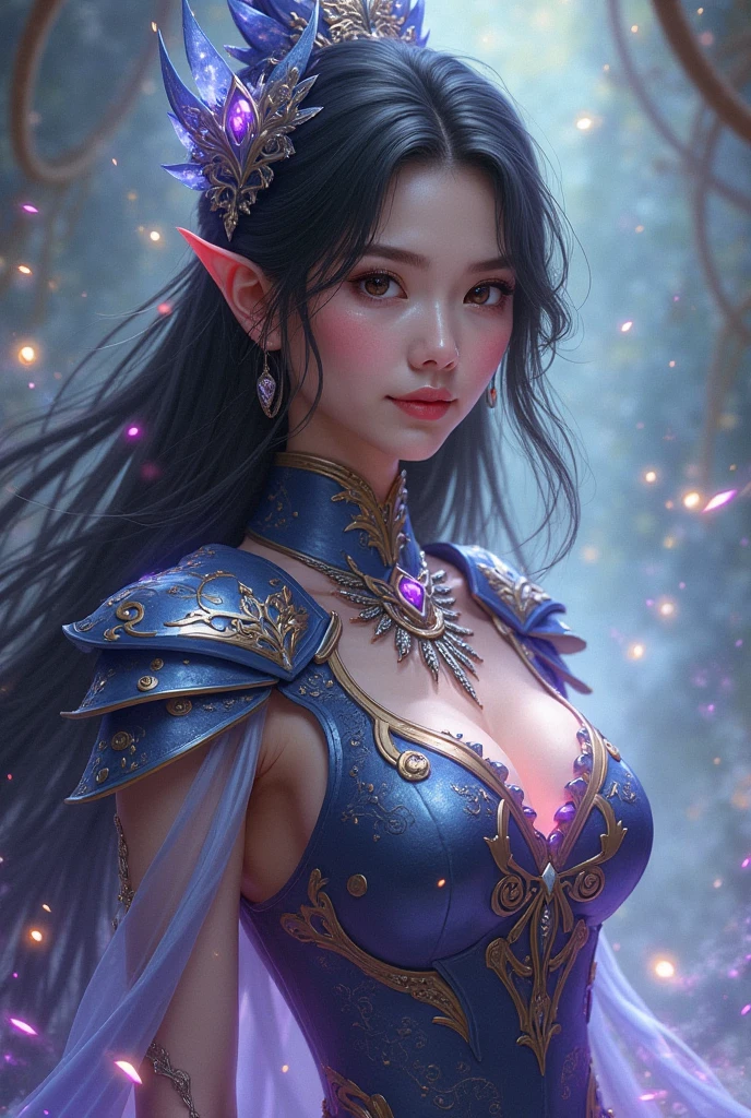 a close up of a woman in a sexy transparent white gold low-cut lace armor cleavage big breasts with a lotus flower in her hand, head jewelry, violet necklace, jade belt , toned abs, a beautiful fantasy empress, ((a beautiful fantasy empress)), beautiful celestial mage, beautiful character painting, full body xianxia, portrait knights of zodiac girl, by Yang J, g liulian art style, fantasy art style, foreshortening