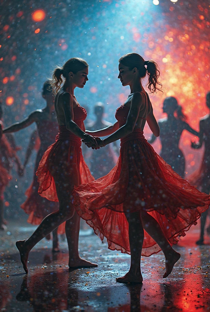 two women dancing in the dark with the city in the background