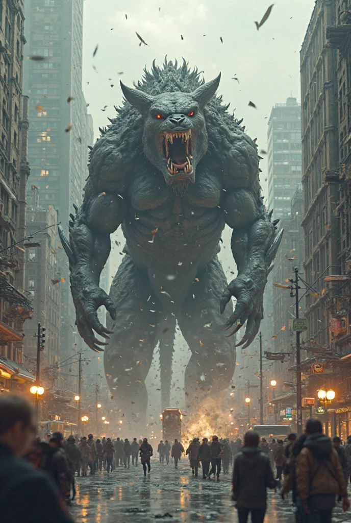  a colossal monster rampaging through the heart of New York City, towering over skyscrapers as people flee in terror. The monster's massive form casts a menacing shadow over the bustling city streets, its monstrous features instilling fear and chaos in the urban landscape. The image conveys a sense of impending disaster and the fragility of human civilization in the face of such a formidable threat. The composition, with its stark contrast between the towering beast and the tiny figures of fleeing citizens, evokes a visceral sense of dread and vulnerability. This photograph, taken by acclaimed photographer Steve McCurry, immerses viewers in a scene of epic destruction and survival