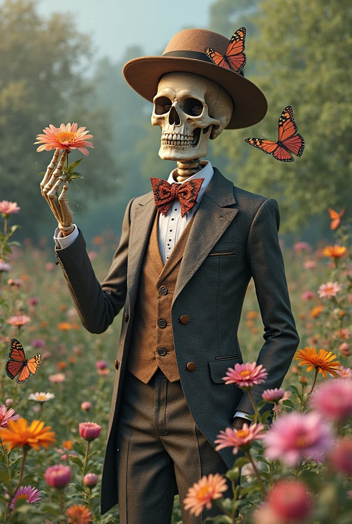 skeleton holding a cigarette in a field of daisies, cold grey eyes, portrait of a dreamer, dark forbidding, walking at the garden, most blues