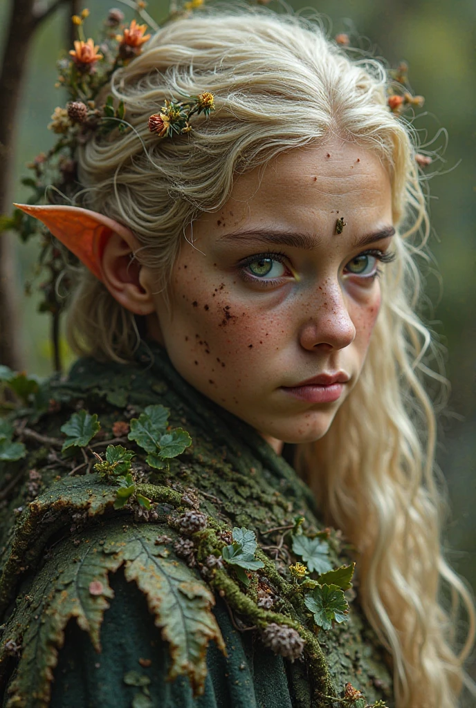 
Standing barely taller than a dwarf's knee, this goblin female is a whirlwind of emerald green energy. Her skin, the color of fresh moss, is surprisingly smooth, with only a smattering of freckles dusting her high cheekbones. Her large, almond-shaped eyes sparkle with mischief and intelligence, their irises a captivating amber that catches the sunlight like molten gold. Unlike the stereotypical hooked goblin nose, hers is more of a cute button nose, sprinkled with a dusting of permanent black soot – a charming reminder of her tinkering proclivities.
Her wiry black hair, streaked with surprising emerald green highlights, is pulled back in a messy but practical braid adorned with cogs and tiny gears – a testament to her mechanical aptitude. Pointed ears, characteristic of goblins, peek through the braid, adorned with a single silver earring shaped like a tiny wrench. Although she's short, her build is surprisingly strong and athletic, honed from years of navigating cramped tunnels and tinkering with heavy machinery.
A smattering of tiny freckles across her nose bridge.
A gap-toothed grin that flashes when she's excited or proud.
A mischievous glint in her eyes that hints at playful trouble.
A surprising fondness for brightly colored wildflowers tucked behind her ear.