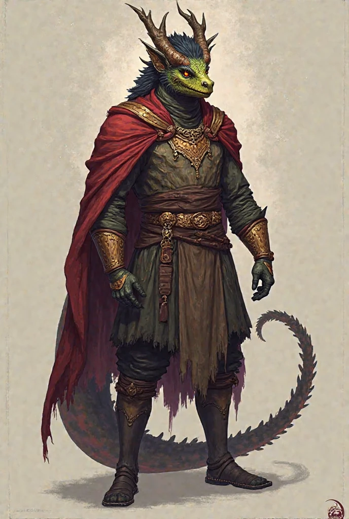 portrait, eastern dragon, green scales, red hair, cloak, golden loincloth, strong,  hands, finger claws, digitigrade noon, walking on the street, medieval city, (crowded:1.3) bazar, aesthetic, elegant, [by pngx:photorealistic:0.2], masterpiece, detailed backgrund, 4k, sharp focus <lora:eastern_dragon_v2_10ep:1>