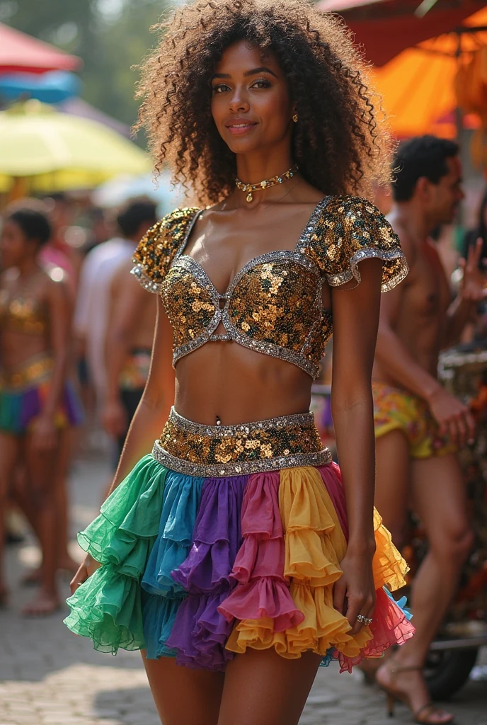 rvst, a girl with yellow and pink wearings, laughing, people in the background, music festival