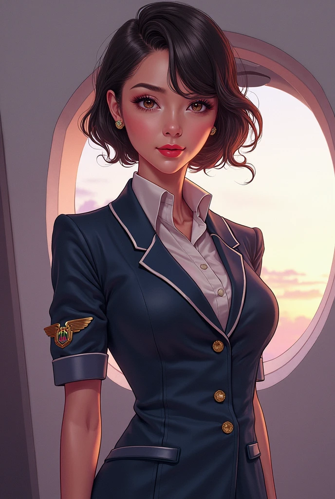 1girl,a beautiful fashion model ,(masterpiece, detailed background, best quality), shoulder length hair, short and shiny hair, light brown hair, elegant makeup, dark makeup, earrings, pink eyeshadow, white shirt, brown skirt, tie between breasts,  brown eyes, wet skin small breasts, shiny breasts, shy, bashful, eager, happy, (space cruise), freckles, mousey, , slippery, glossy, maxcaulfield
