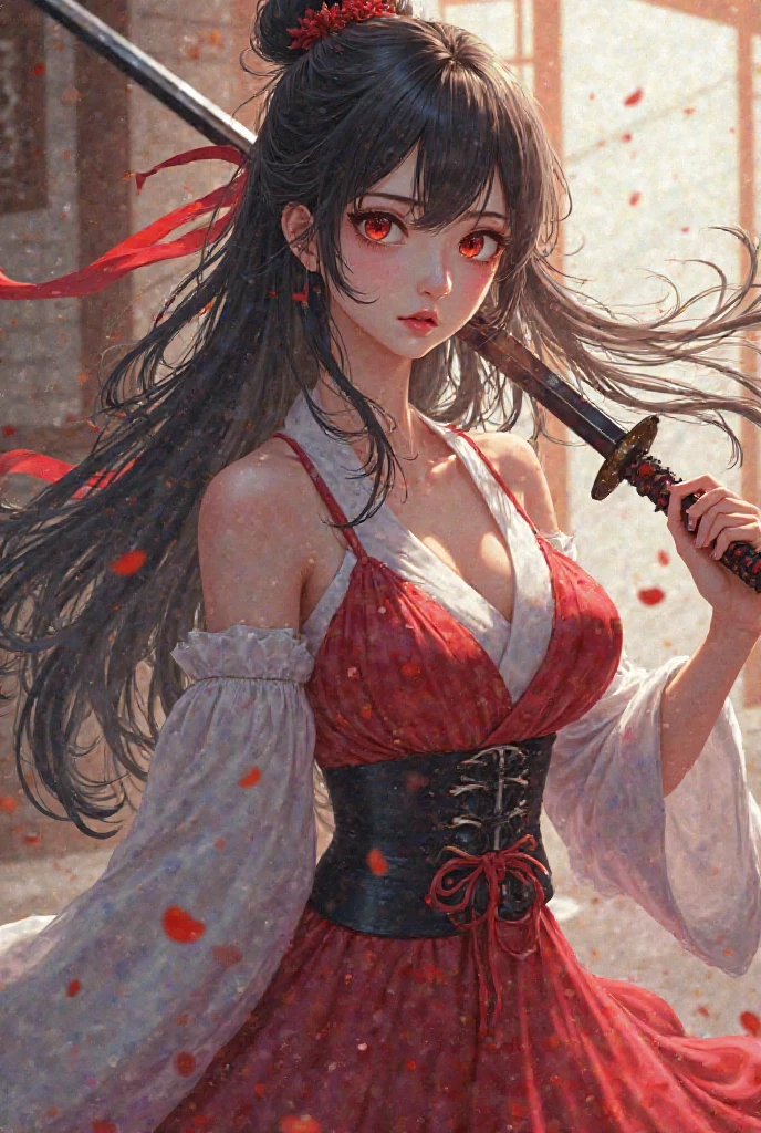 masterpiece, Highest quality, Absurd, Perfect Anatomy, Unity 8k wallpaper,Best Anime,Shoot from the front,Cowboy Shot,20 year old beauty、Boa Hancock,Black Hair,Long Hair, ,Slender body,Large Breasts,Turn your body towards the viewer、waitress,Japanese Clothing、In the same way、Holding the Japan sword、A Japanese sword drawn with precision and accuracy、I'm ready to fight with my sword、Outdoor、wilderness、