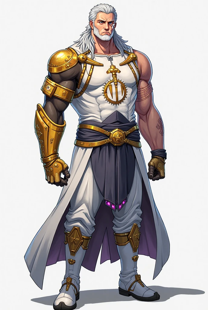 was a towering man with a powerfully muscular physique, imposing features, short white hair, and faded white eyes that showed no sense of feeling. He usually wore a gold-colored kāṣāya garment over black yukata robes. His monk attire is completed with white tabi socks and zōri sandals.