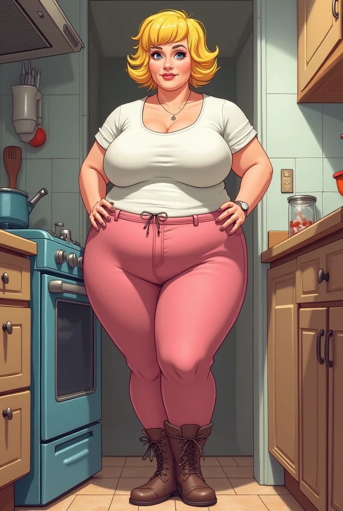1 blonde woman, wearing too small dirty t-shirt, wearing too small pencil skirt. standing in front of the fridge, sloppy, eating chips, big breasts, wide hips, shirt straining around her belly and bust. big bust. pencil skirt.