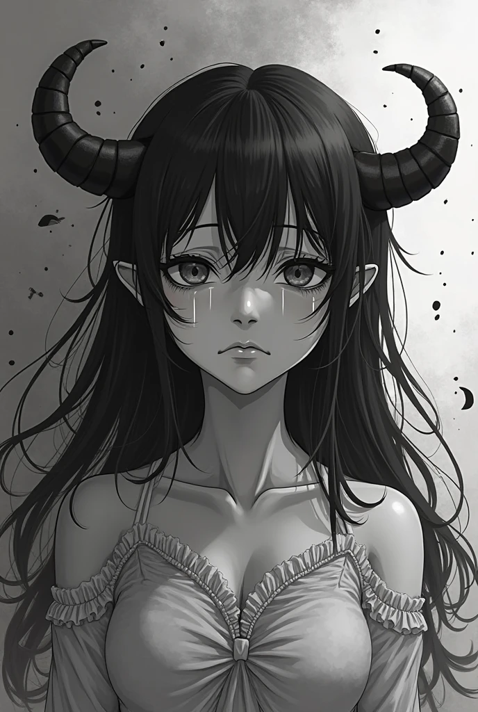 make a portrait of a devil horned girl in black and white colors