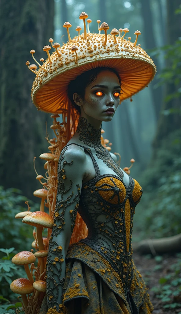 medusa, bra made out of mushrooms, solo, long mushroom hair, breasts, looking at viewer, large breasts, black hair, glowing yellow eyes, dark skin, tree, fingernails, glowing, monster girl, colored sclera, mushrooms, sharp fingernails, dreadlocks, mushroom hair, at night, dark night sky, mushroomz <lora:mushroomz:1>