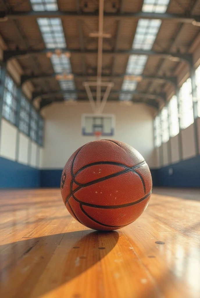 a Japanese school basketball court. the floor is wooden, the court is empty without any people; there are 2 basketball balls on the floor, and there is a table outside the court with a laptop; masterpiece, super detailed. photo from 45 degrees angle, 