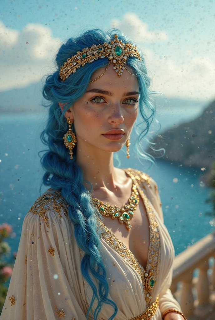 Generate a (hyperdetailed, realistic, Full Body), photo of Nia, (((turquoise color eyes))), (((long, silky, straight, Ombre blend of shimmering silver and celestial blue hair))), (((Position Nia with her long, silky hair styled in fishtail braid hairstyle, strands framing her face delicately))), (fair skin:1.4), (((Massive round natural breasts with deep cleavage))), (Massive Breasts:1.6), (Greek and Russian mix ethnicity), (hourglass figure, perfect body, NSFW, perfect anatomy, masterpiece, best quality). Position Nia in a dynamic and enchanting pose, standing gracefully with one hand extended as if inviting viewers into her world of stories and dreams. She should be in a mid-motion stance, perhaps with a gentle, flowing dress that blends into the background to emphasize her ethereal and magical nature. The background should be either the Celestial Observatory or the Enchanted Mythological Temple, with a focus on celestial elements or mythical ambiance that contrasts with Strix's and [Your Name]'s scenes. For instance, if using the Celestial Observatory, include floating stars, shimmering constellations, and ethereal light effects around her. If using the Enchanted Mythological Temple, incorporate ancient, glowing runes, and mystical artifacts.
