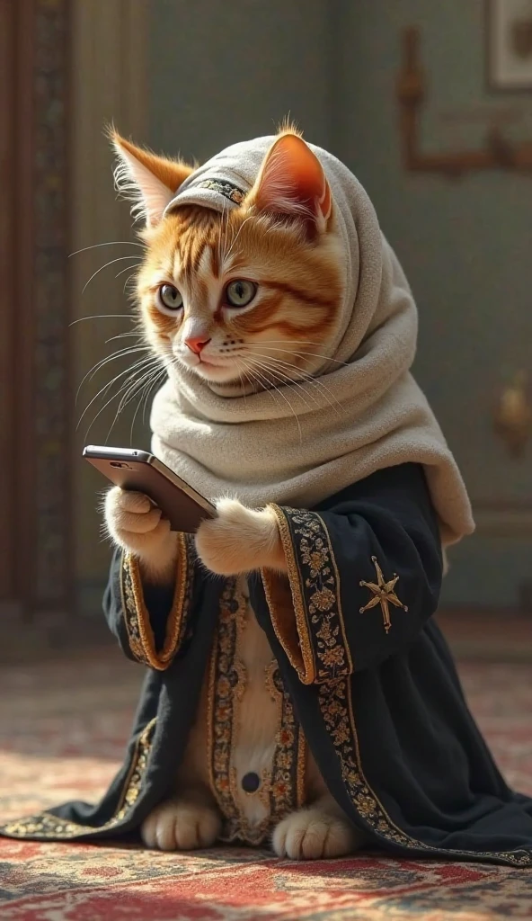 Cat wearing Muslim dress calling on mobile phone 