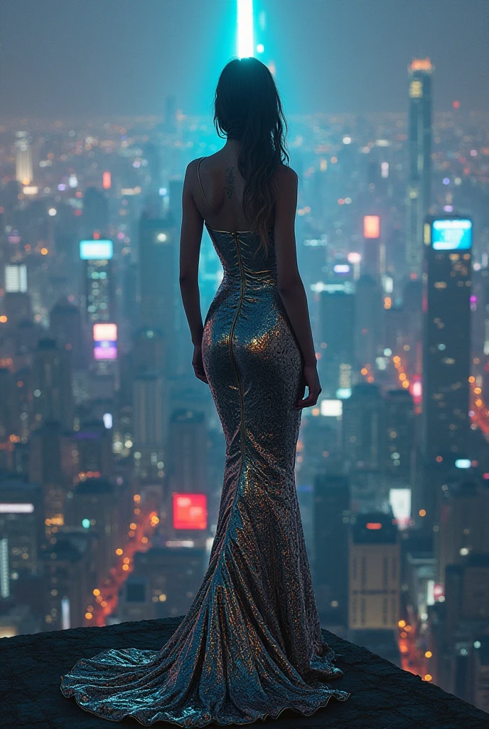 ((slow speed photography style)), (fisheye photography style), night atmosphere, f-stop 1/4 ISO100 f/8, a beautiful Caucasian Korean giant-extra-super-fantastic-big_ pretty young female with Elsa from Frozen style standing alone on the rooftop building room, in the dark night, elegant face with detailed flawless make-up, straight white hair Elsa style, wearing chrome holographic glossy luxury dress Elsa style, wearing 40cm high heels, long legs, tall body posture, walks movement in a middle empty street alley of city, beautiful and graceful and dazzling with flawless bold makeup, wearing crystal glass dress, square shape mirrorless dress mirrorless dress, backlite, bokeh, perfect anatomy, hyper realistic, HD 26K
