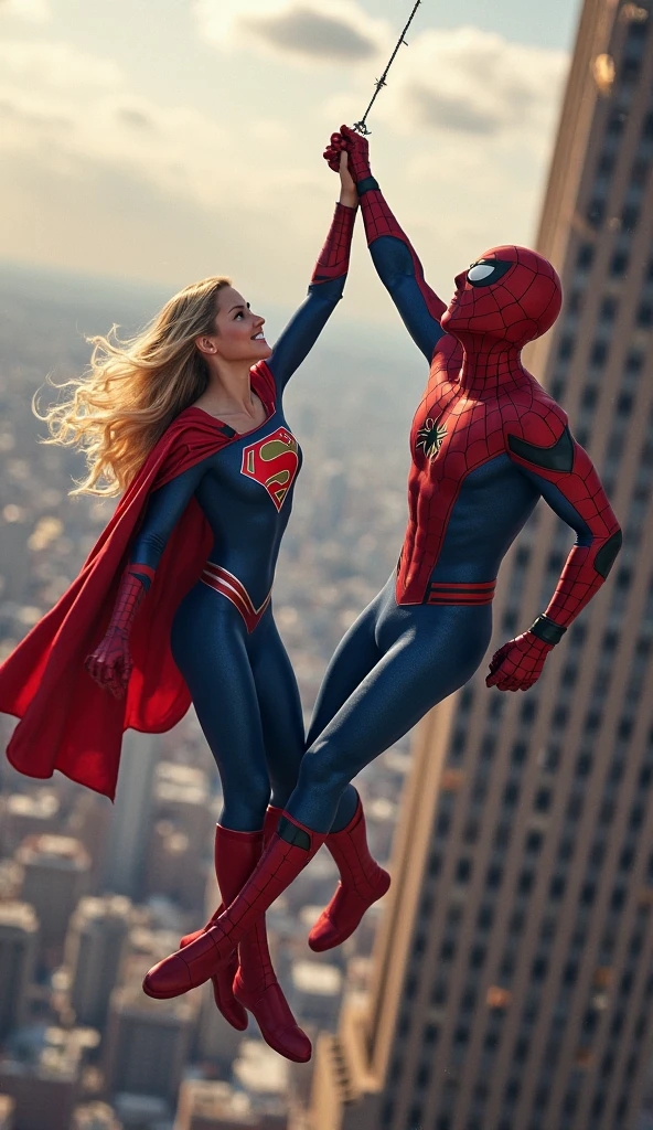 Supergirl trapped under heavy rubble after a battle, struggling to lift it, while Spider-Man uses his webs and strength to help lift the debris and free her."A 16K resolution image with ultra-high picture quality, ensuring sharp, crisp details and textures throughout. The image should have exceptional clarity, with vibrant, true-to-life colors and a high dynamic range. Lighting should be natural, enhancing depth and detail, with no noise or blurriness, even in the darkest areas.".