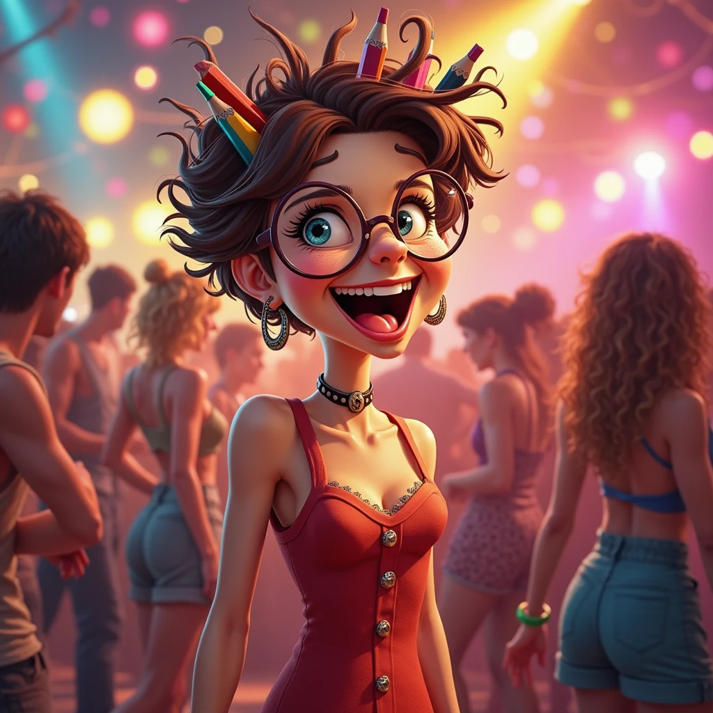 "(best qualityer,ultra detali,realisitic:1.37),3D rendering,illustration,character design,short dark curly hair,beautiful detailed eyes,wearing white glasses,Pixar-style,brunette woman,Dancing on the Disney stage,lively atmosphere,bright coloured,stage lights,happy expression"