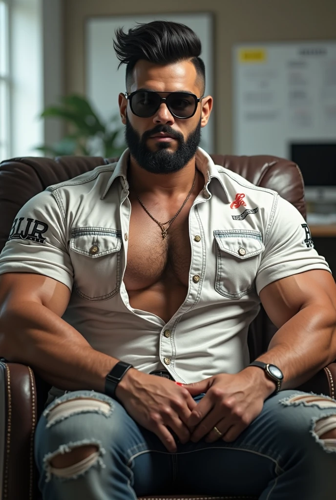 1boy, indian, solo, facial hair,34 yrs old, chav, male focus, flaccid penis, pectorals, bara, muscular, mature male, muscular male, abs, beard, ring nipples, chest harness, short hair, navel, stomach, large pectorals, thick eyebrows, bare pectorals, dark-skinned male, erection, thighs, erection under clothes, bondage attire, dark skin, tie, colth, nouveau riche, gold suit, pectoral cleavage, cowboy shot, feet out of frame, thick thighs, looking at viewer, masterpiece, 4k, high quality, highres, absurdres,
