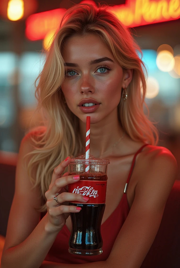 Beautiful girl modern fashion drink Coca-Cola, Film Style,8K resolution, Soft lighting,Super detail in skin and hair texture, Eye,nose, Realistic mouth details,Blonde Hair