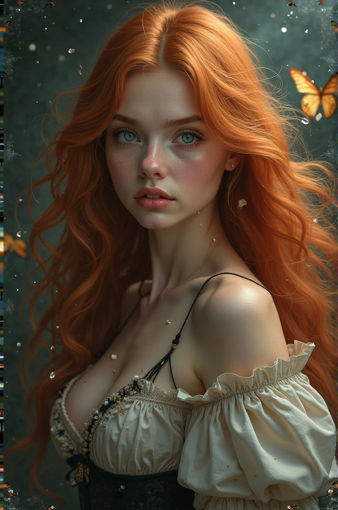 (solo, full body photo:1.3), (action packed:1.3), (haze, fog, mist:1.3), chiaroscuro, best quality, photorealistic, 1woman, (cute), (24yo:1.2), redhead, long ginger hair highly detailed, 1700'S, digital photography, art by artgerm and ruan jia and greg rutkowski surreal painting gold butterfly filigree, broken glass, (masterpiece, sidelighting, finely detailed Fashionable eyes: 1.2) (perfect oval large eyes that gazes at the viewer), beautiful detailed face, blue gorgeous perfect eyes, (blonde hair ponytail), (attractive young woman:1.3), (thick amazing hair), (seductive:1.1), (blushing:1.1)