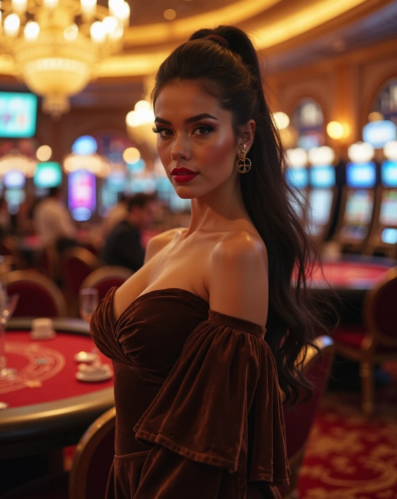 1 girl, 27 years old, sexy woman, las vegas casino, criss-cross halter, red dress, breasts apart, stomach cutout, beautiful woman with amazing natural breasts, toned body, wide hips, round ass, detailed face, beautiful face, gorgeous face, long brown hair, tight body, vegas casino atmosphere, detailed background, sexy hair, seductive, (pretty eyes:1.4), smirk, pierced belly button, professional lights, 8k, cinematic lighting, photorealism
