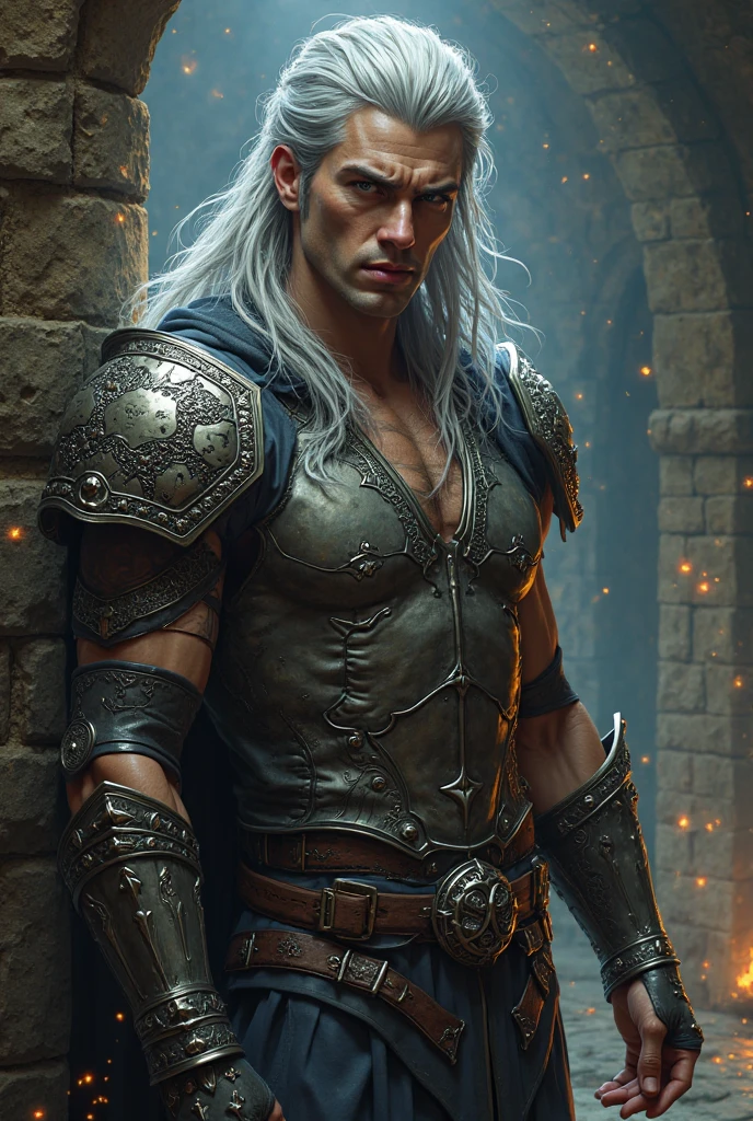 cinematic film still score_9, score_8_up, score_7_up, Dark fantasy art.  Dark themes.  Bodybuilder physique. Fantasy art character.  Very intense body language.  Sexy and alluring man. Looks like an attractive male explorer dressed in medieval fantasy attire in a dark, haunting dungeon. Wears fantasy attire for a dark dungeon fantasy setting.  Looks powerful and tough.  Looks like a dashing explorer for a dark fantasy setting.  Arrogant.    Long white hair that is well maintained.  Handsome facial features.  Upper body image.  Lots of personality.   Looks very attractive.   Ideal male physique.  Very muscular.. Homo.